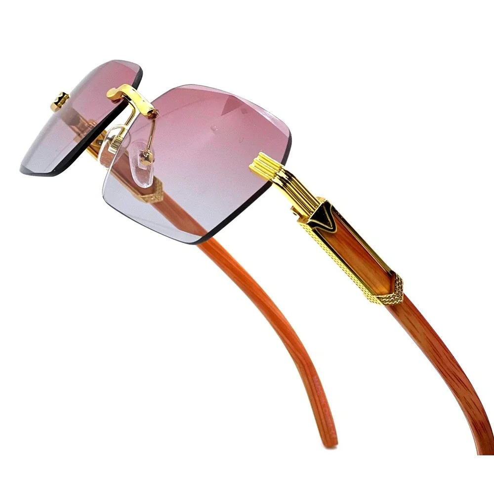 Rimless Sunglasses Men Fashion Shades Wood Grain Arm Pink Lens Retro Lentes 2026